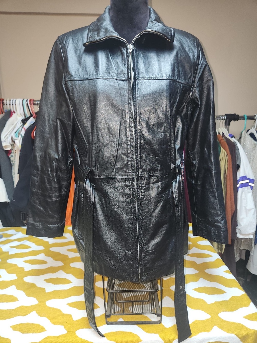 kathy ireland Black Leather Women's Zip-Front Jacket with Waist Ties